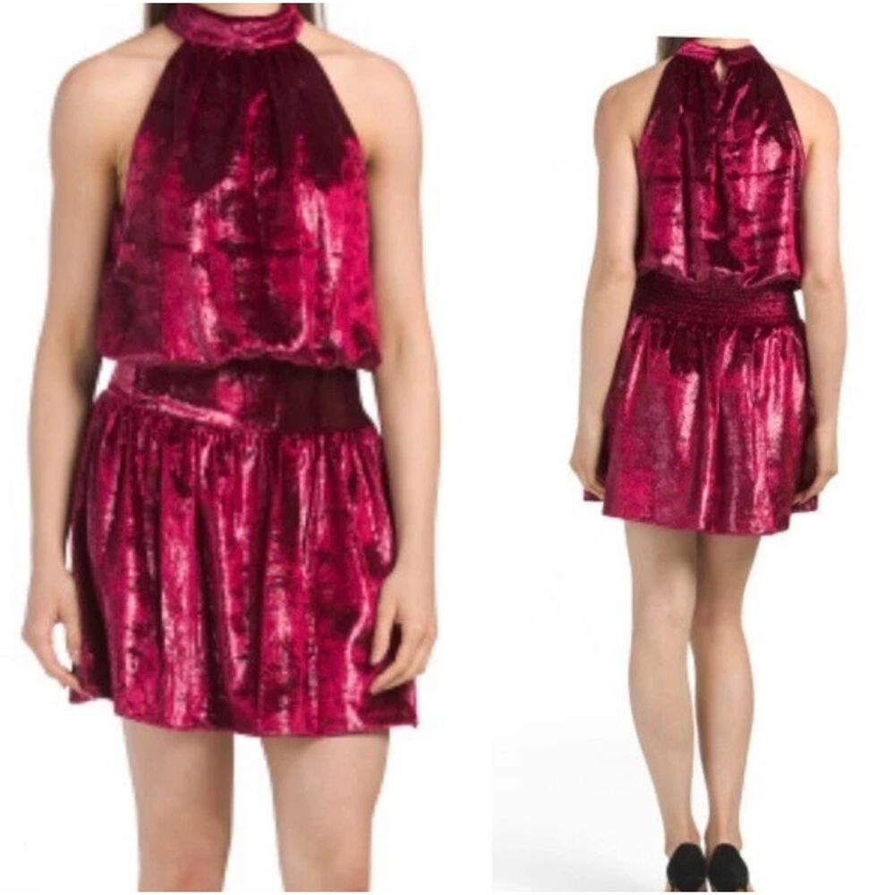 NEW NWT Ramy Brook Ellin Shiny Velour Halter Mini Dress Red Large